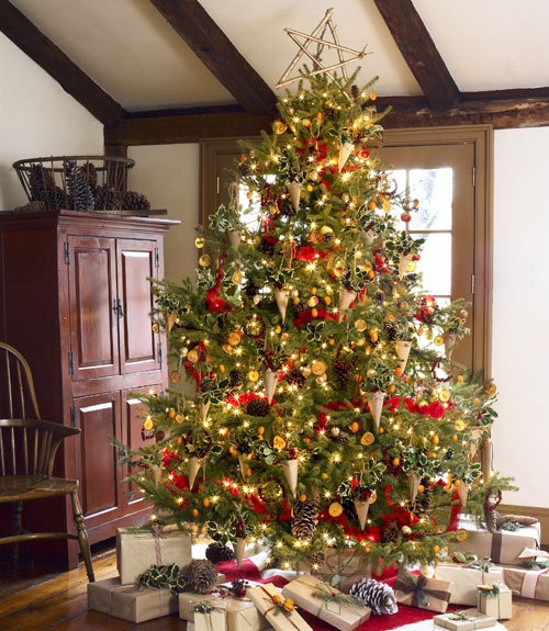 Burlap, cranberries & walnuts adorn Christmas tree