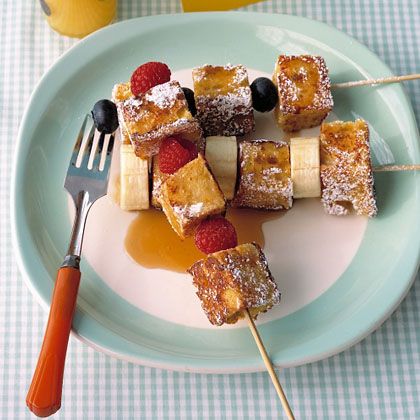 (French Toast Kabobs, from Martha Stewart, would be great fun for the kids to make.  Maybe a family picnic on top of the bed blankets?