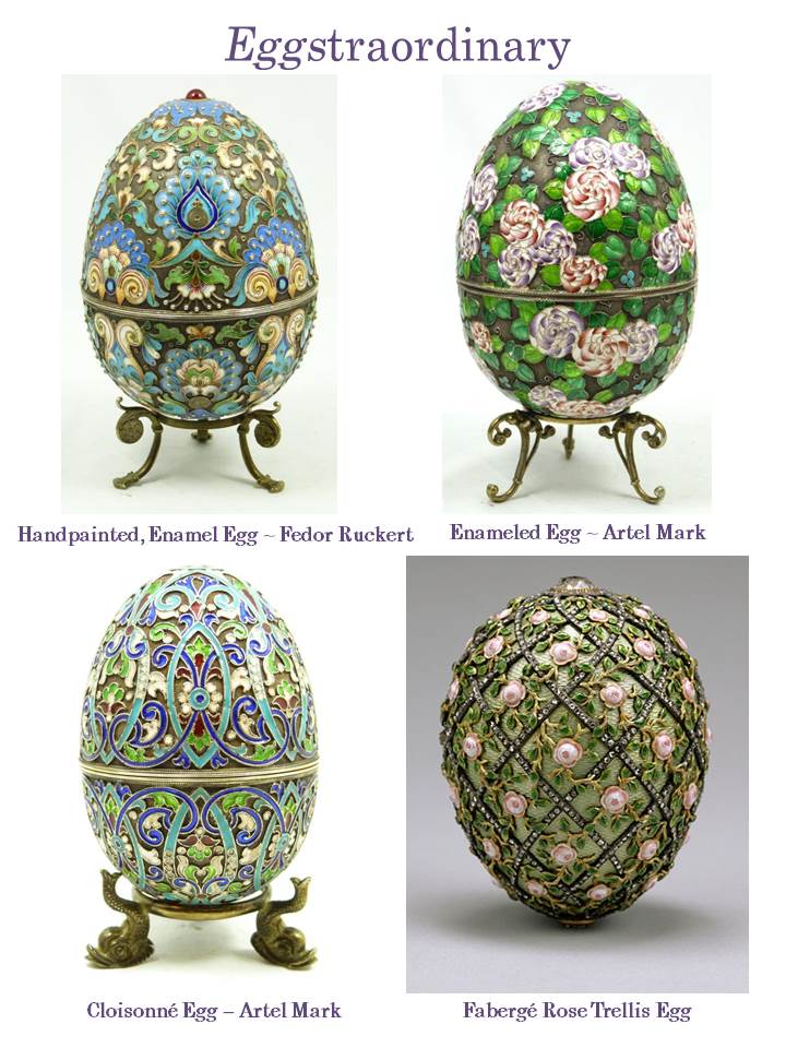 Look closely at the details of these enameled or Cloisonne eggs.  You’ll see a reference in a fabric pattern, featured below.